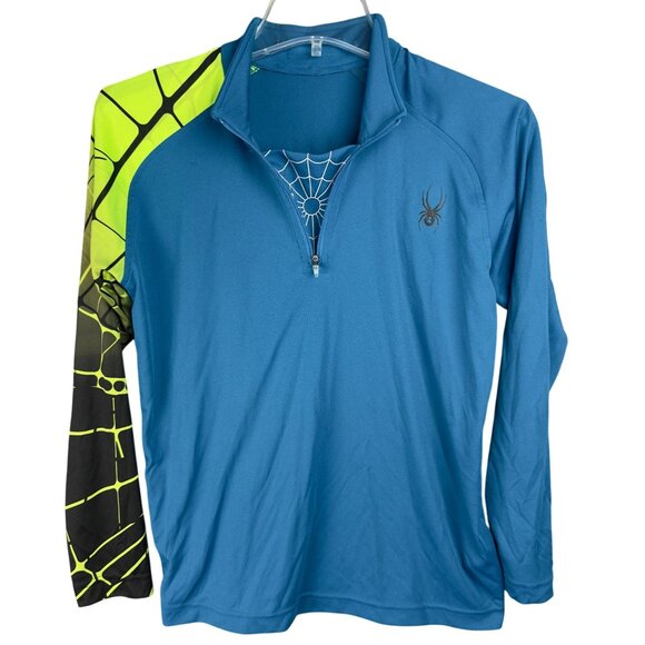 Spyder Linear Shirt Kids L Blue & Neon Spider Print Half-Zip Long Sleeves - Picture 3 of 12